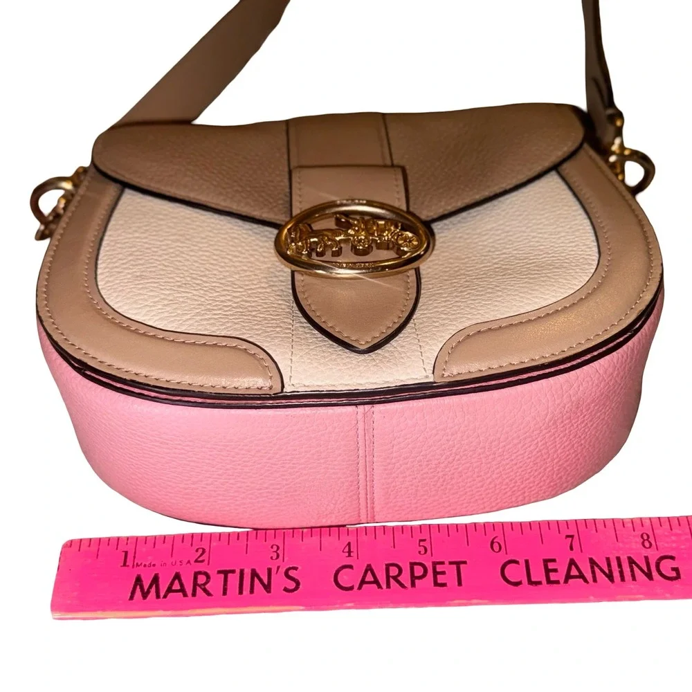Coach Georgie Saddle Bag Colorblock Leather Crossbody Taupe Pink Cream C3593